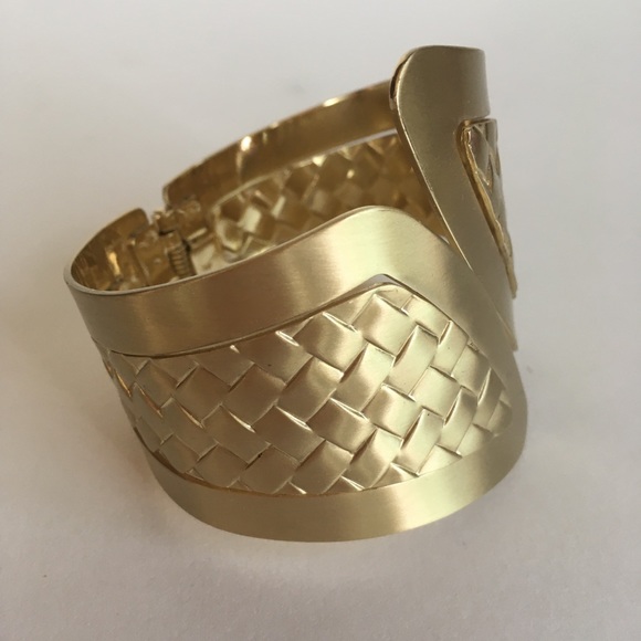 Brushed Gold Woven Pattern Angular Cuff Bracelet - Picture 7 of 8